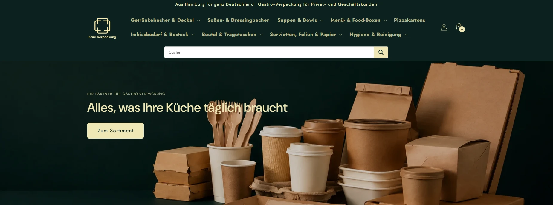 Startseite des Shopify-Onlineshops von Kara Verpackung